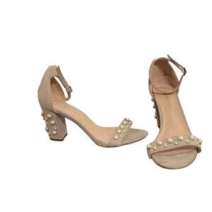 Madden Girl Tan Faux Suede Pearls Block Heels Sz 8.5